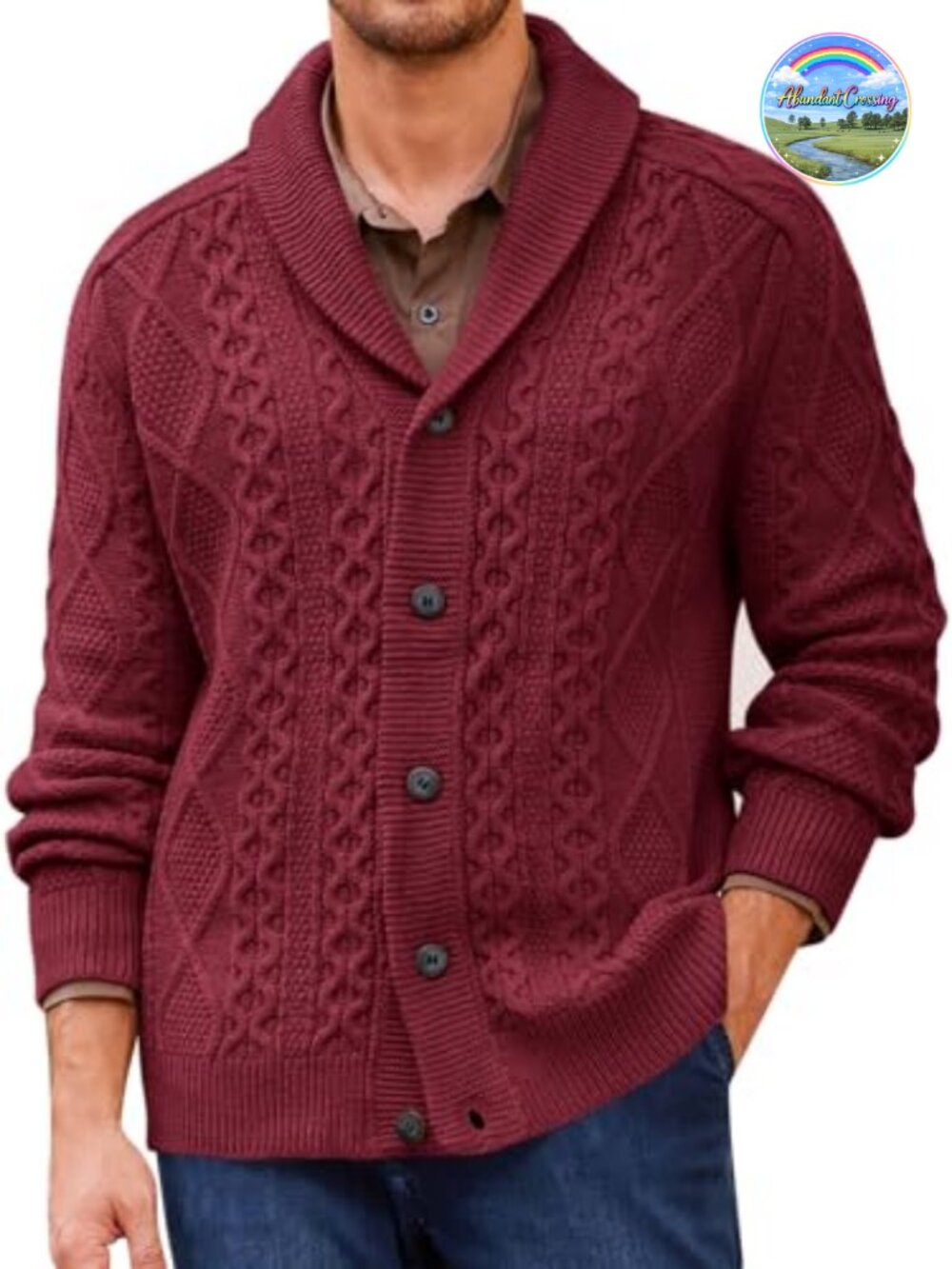 Mens Cable Knit Cardigan Sweater Shawl Collar Button Down